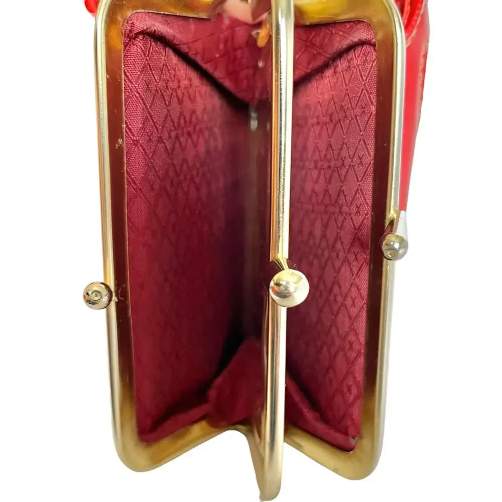 Vintage Red Faux Leather Suede Cutout Compact Kisslock Frame Wallet